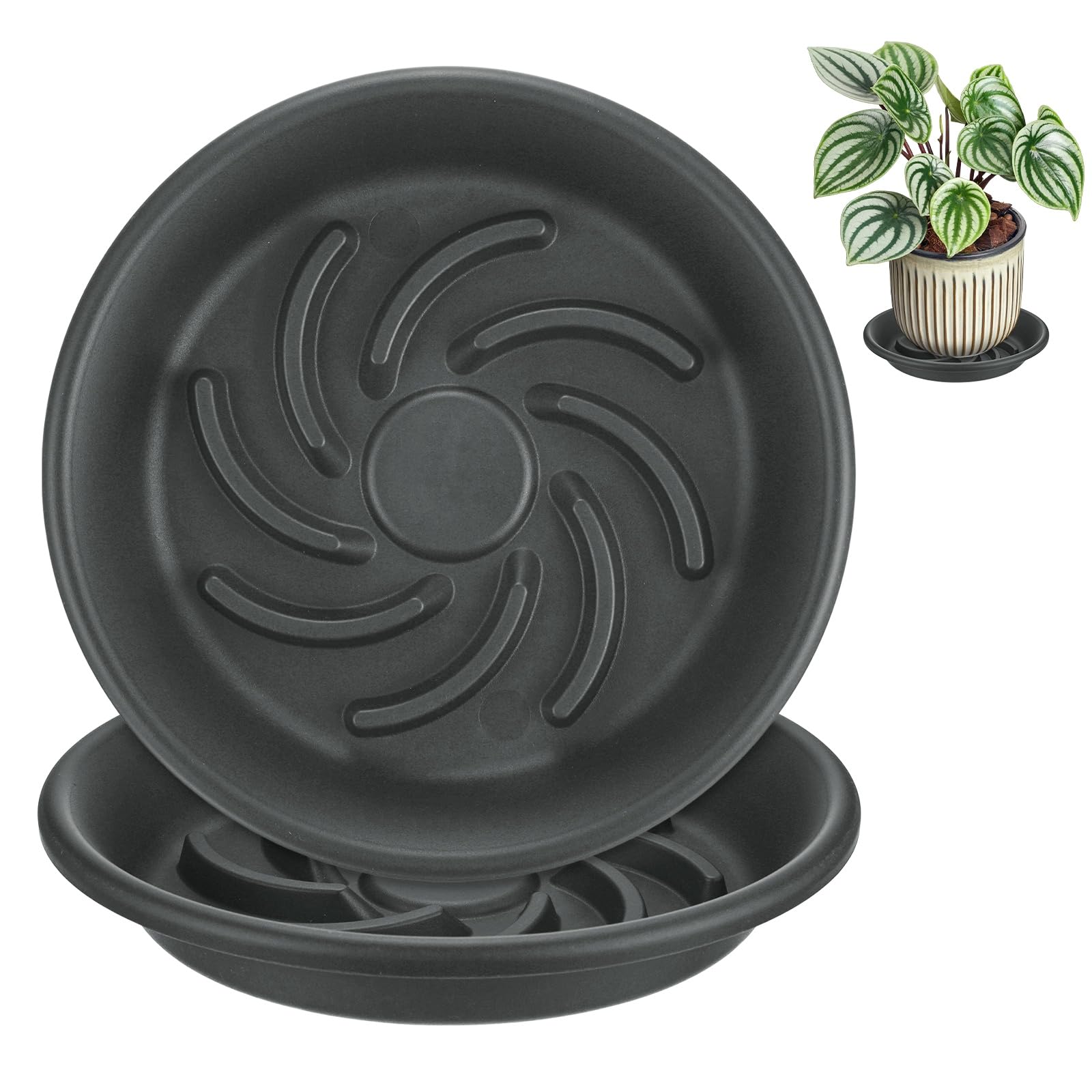 M METERXITY 2-Pack Plant Saucers, 7.3 Inch 18.5cm ID Anti-Rot Root Resin Flower Pot Plant Saucers for Indoor/Outdoor, Flowerpot Drip Tray [9.4 Inch OD, Gray Black] — image 1