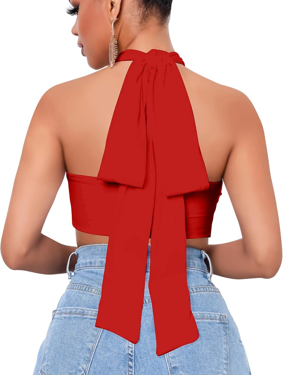 Mokoru Women's Sexy Sleeveless Halter Criss Cross Tank Crop Tops Self Tie Backless Cami - Image 5