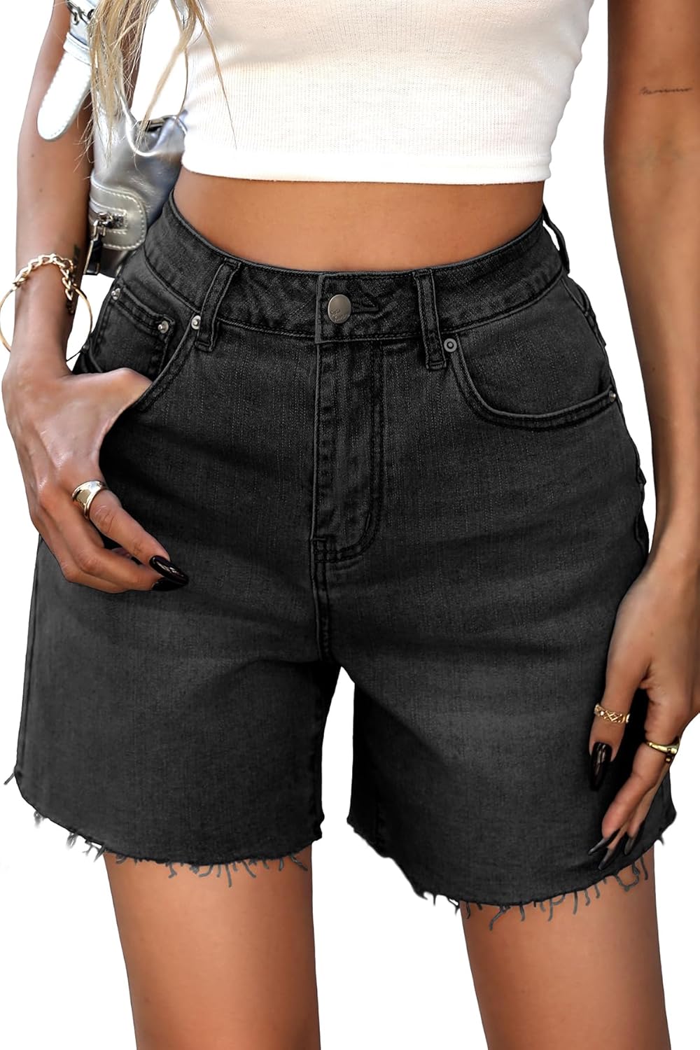 ELLEVEN Women's Raw Hem Jean Shorts, Wide Straight Leg Mom Denim Shorts