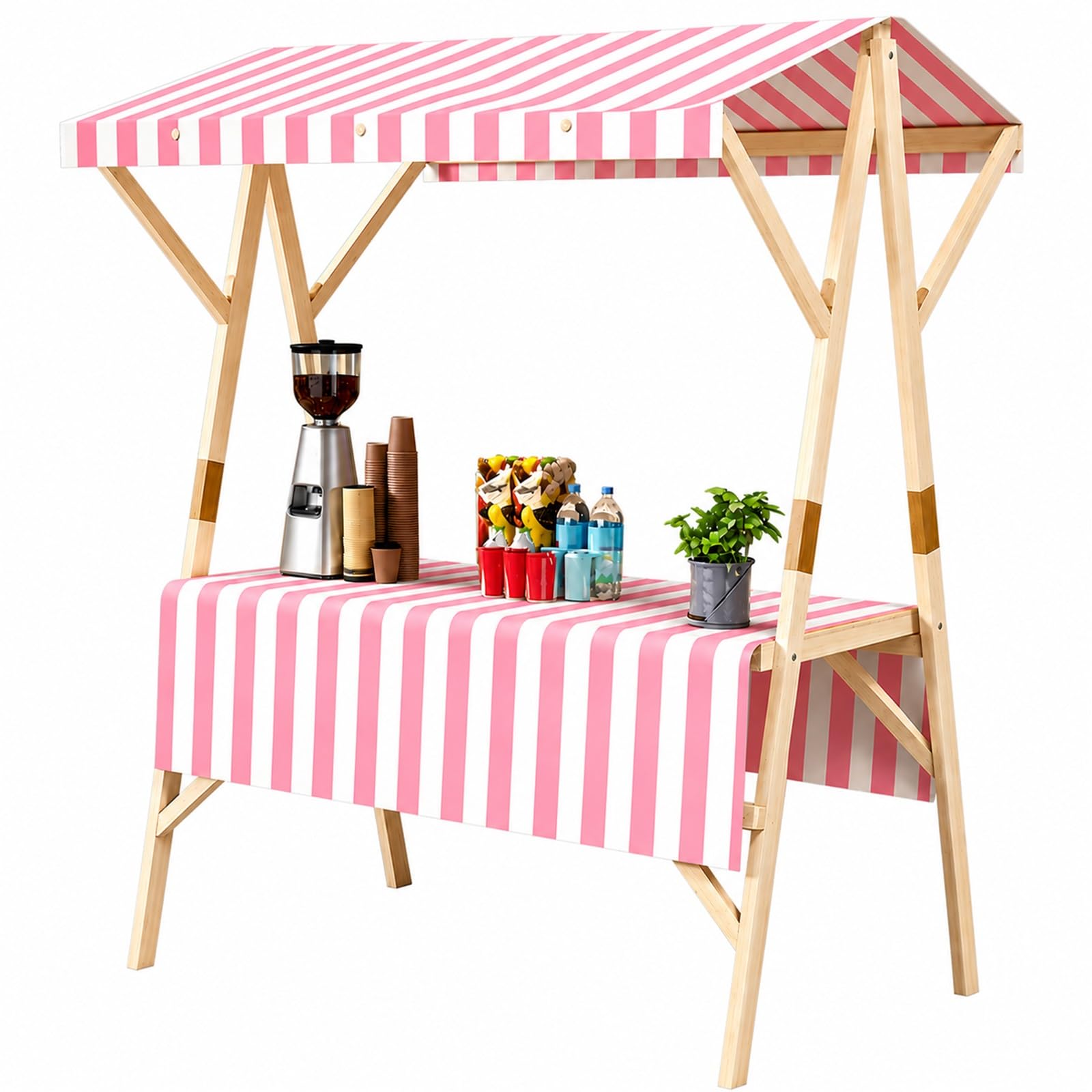 WNGJZZYC Foldable Wooden Market Stall Cart with Canopy, Food Carts for Sale, Portable Outdoor Food Vendor Booth Kiosk for Street Food & Farmers Markets(Pink,L 120cm/47.2in)