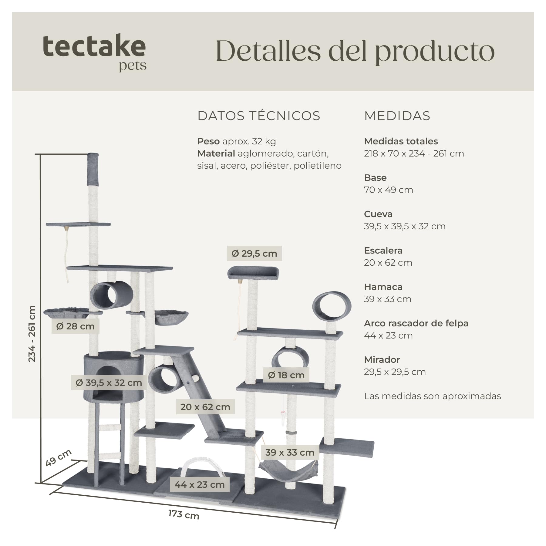 tectake® árbol rascador para gatos, con casita, 2 nidos giratorios, plataforma, hamaca, sistema antivuelco, ratón de juguete, cama para gatos, rascador gato, postes de sisal - 261 cm alto Gris