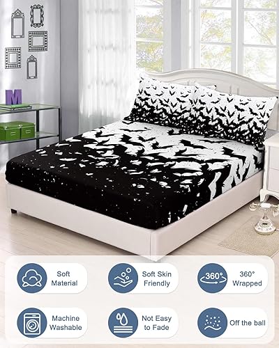 Miniatura 2 de Juego de sábanas bajeras de 3 piezas con diseño de murciélagos voladores negros espeluznantes de Halloween para cama tamaño King, sábana de bolsillo