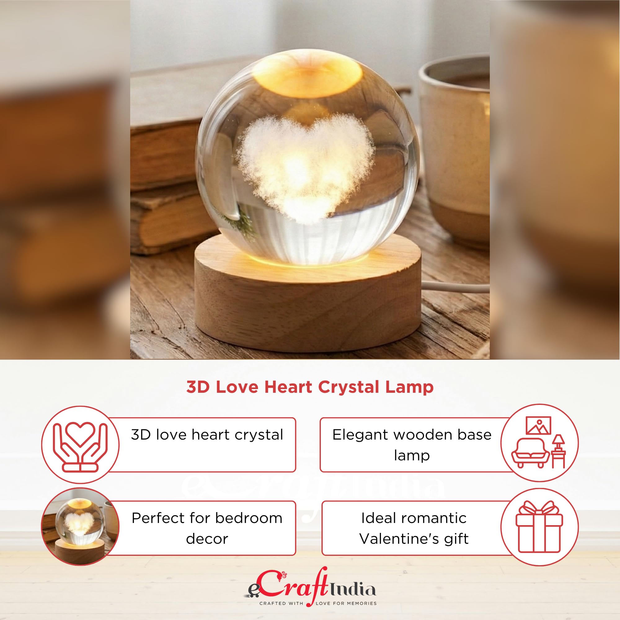 eCraftIndia 3D Love Heart Transparent Crystal Ball Night Lamp with Wooden Base Showpiece | Table Lamp for Home Decor Bedroom Hotel Living Room Romantic Gift for Valentine Day Birthday Anniversary 3