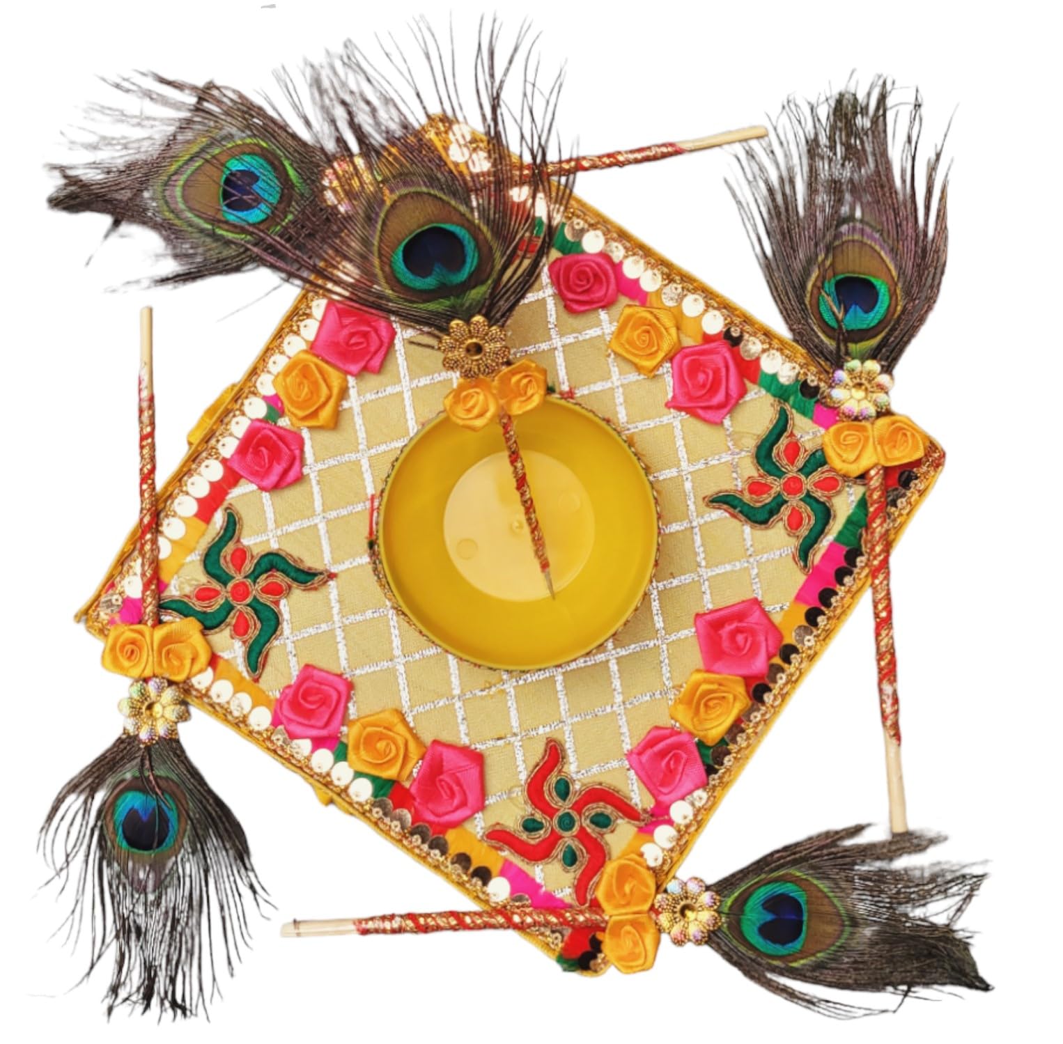 Wood Haldi Tray With Bowl&Mor Pankh Pithi Saliya|Haldi Ceremony&Haldi Rasam Of Bride And Groom In Weddings|Haldi Mehndi Platter For Shaadi Decor|Haldi Pithi Propz|(Square)