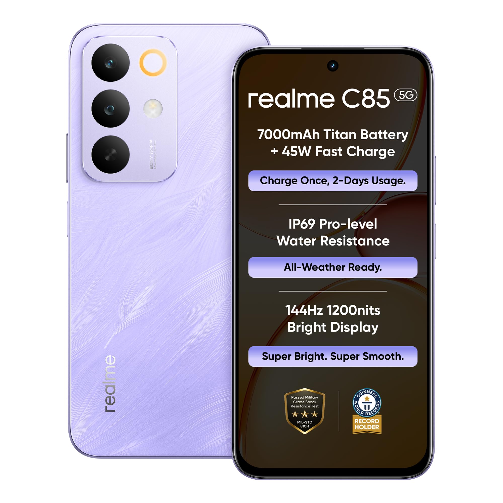 realme C85 5G Smartphone 4+128GB Purple, 6.8inch Screen, 144HZ