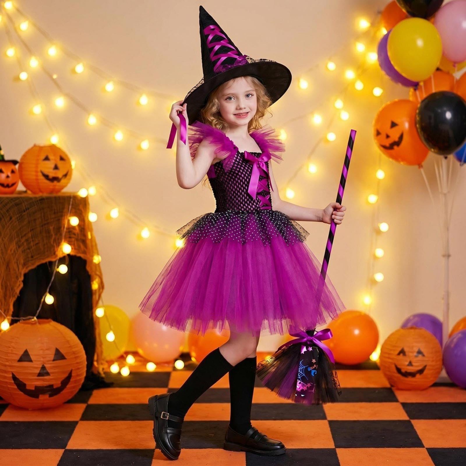 Hexen Kostüm Mädchen Halloween Kostüm Mädchen Karneval Cosplay Halloween Fasching Party Outfits Lila Set Mit Hut Besen Rock Und Umhang Violett Prinzessin Kleid Kinder Witch Costume