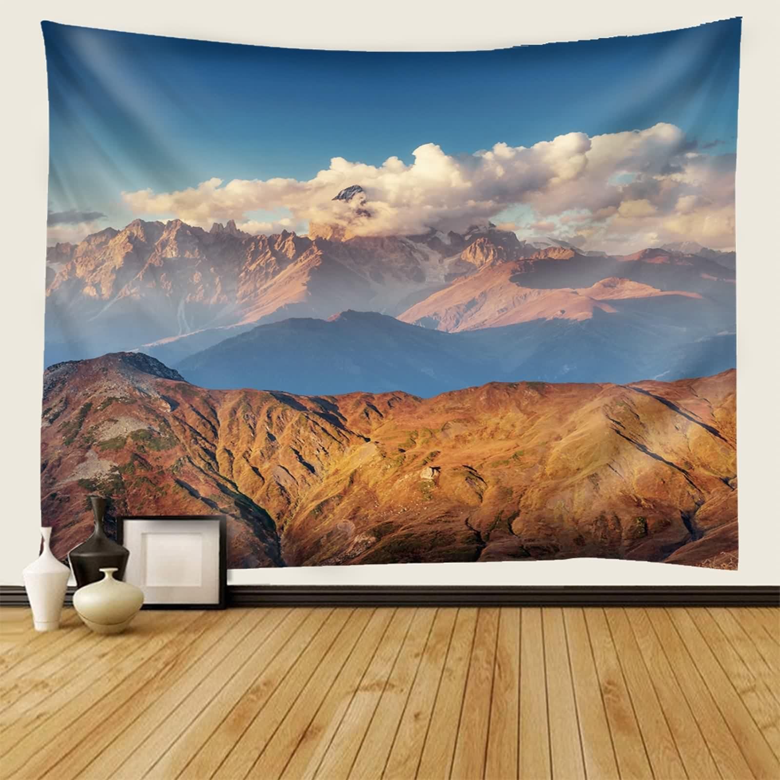 Tolldek Dywan ścienny, brązowy, niebieski, 300 x 256 cm, naturalny krajobraz, chusta na ścianę, górska, gobeliny, dekoracja ścienna do salonu