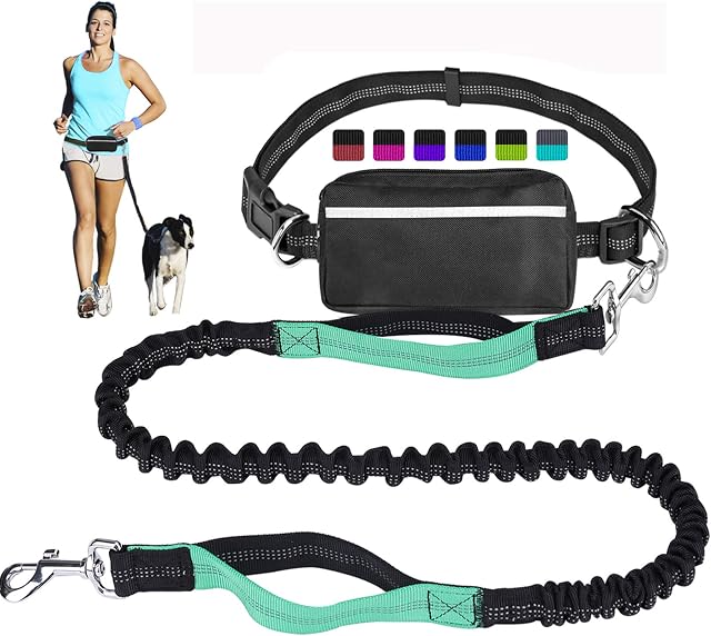 Mains Free Dog Leash for Running Walking Training Hiking, Bungee à double poignée réfléchissant, Pochette de distributeur de sacs de caca, Ceinture de taille réglable, Absorbation des chocs, Idéal pour les chiens moyens à grands, Noir/Téal