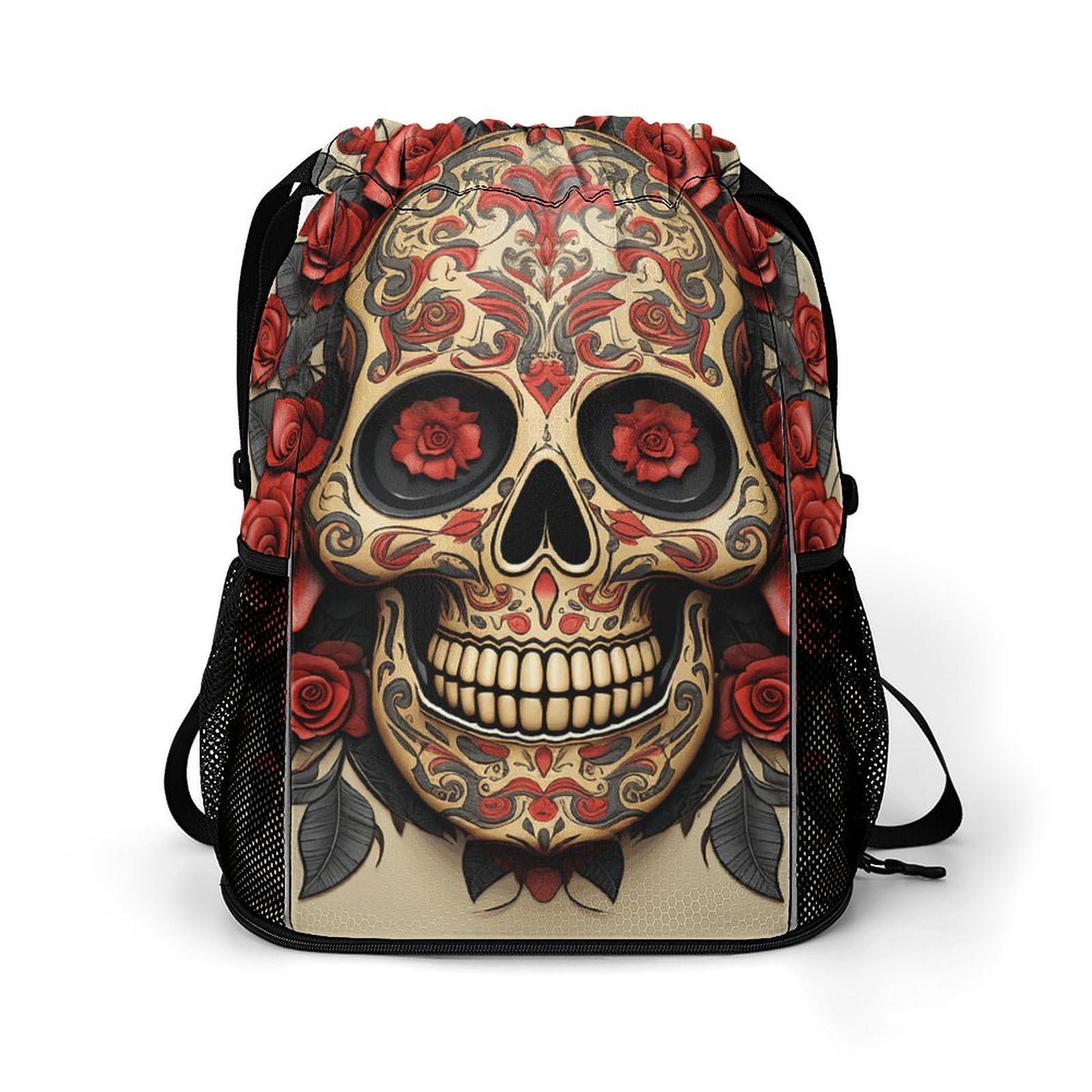 asbwuo Sports Drawstring Backpack,Red Rose Sugar Skull String Swim Gym Bag with Shoes Compartment Gym Drawstring Bag