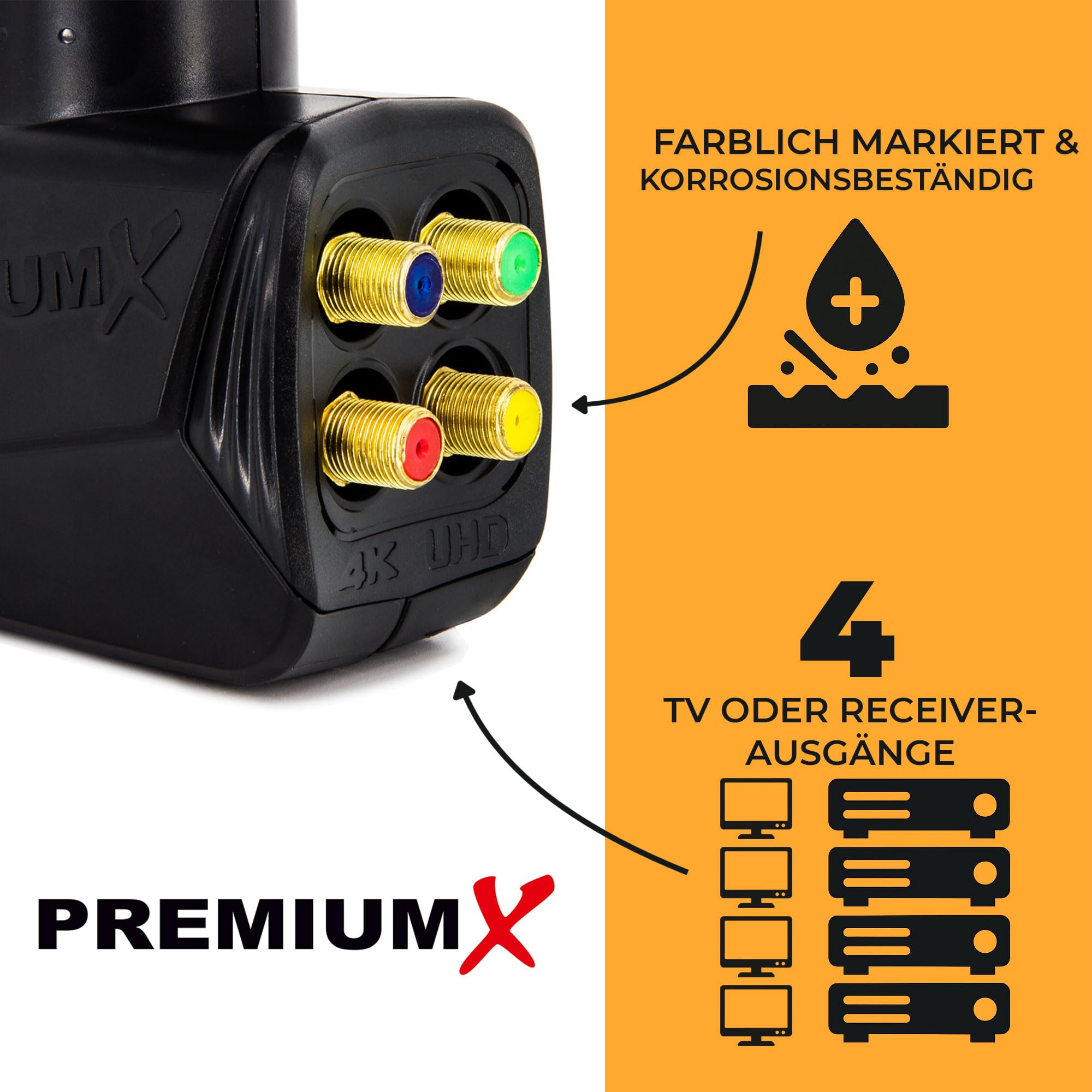 PremiumX Quad LNB para 4 usuarios: Convertidor de señal de TV con protección contra el Clima, LNB Satélite Digital en Negro con 8 Conectores F incluidos. Compatible con DVB-S2 8K UHD 4K Full HD