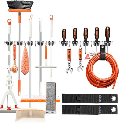 Kosair Soporte de pared para escoba, 2 soportes para escoba, autoadhesivo, resistente, acero inoxidable, para lavandería, garaje, armario