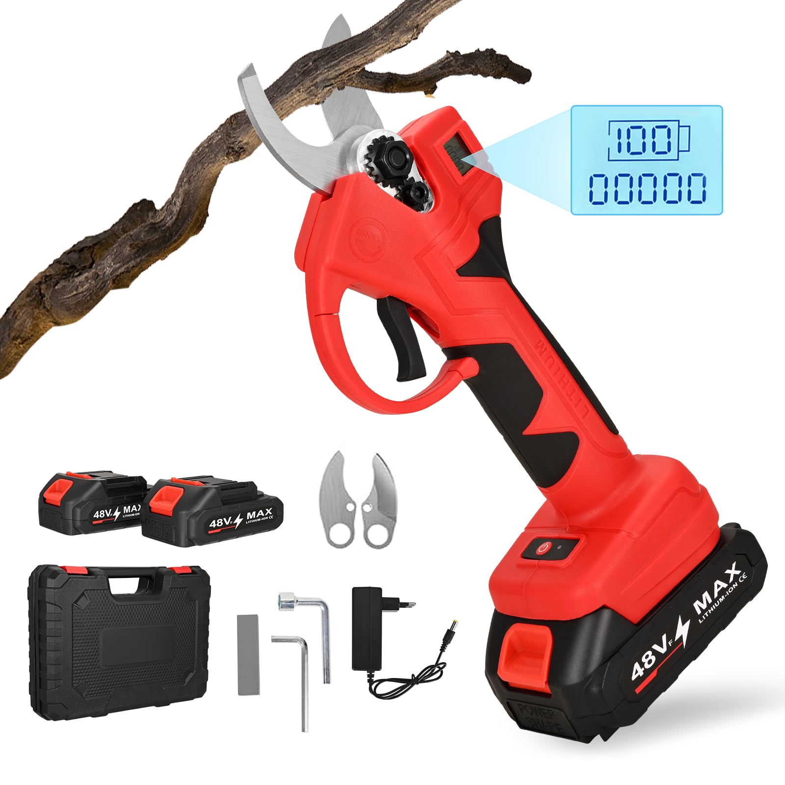Gartenschere Elektrische mit 2 x 2000mAh Wiederaufladbar Batterie und LCD Anzeige, Akku Astschere 30 mm Schnittdurchmesser, Obstbaumschere für Gärten Gartenarbeit und Äste Beschneidung