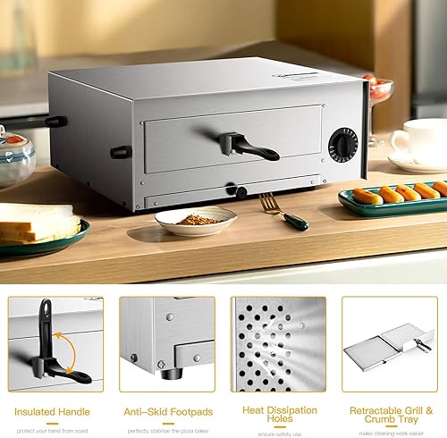 Miniatura 6 de SIMOE Horno de pizza para interiores, horno de pizza de 1450 W para interiores con temporizador de 30 minutos, encimera eléctrica multifuncional con