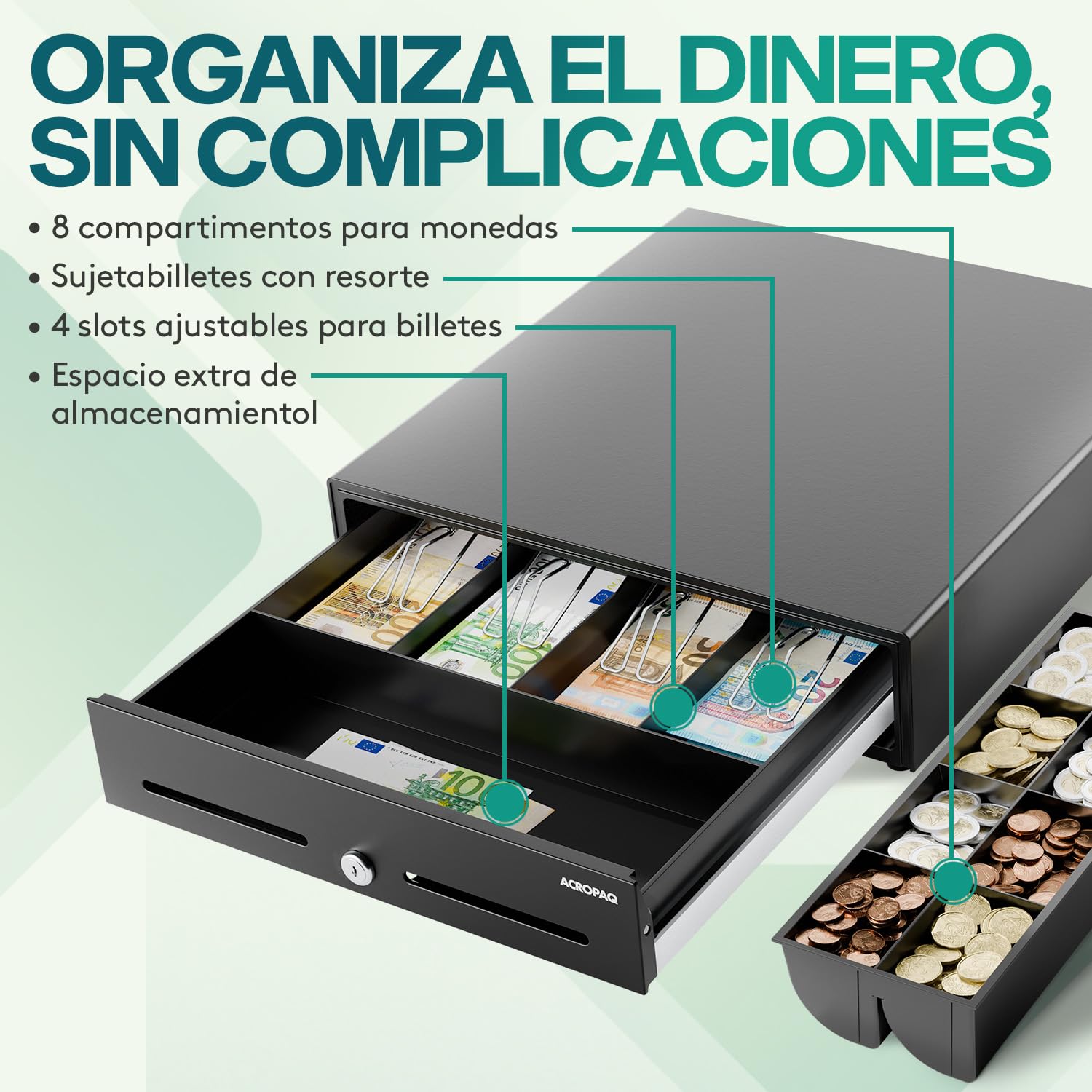 ACROPAQ Cajón portamonedas - Compatible con caja registradora RJ11, 4 compartimentos monedas y 8 billetes, (42 x 41 x 12 cm) Carcasa de metal resistente, Cajón metálico con inserto extraíble