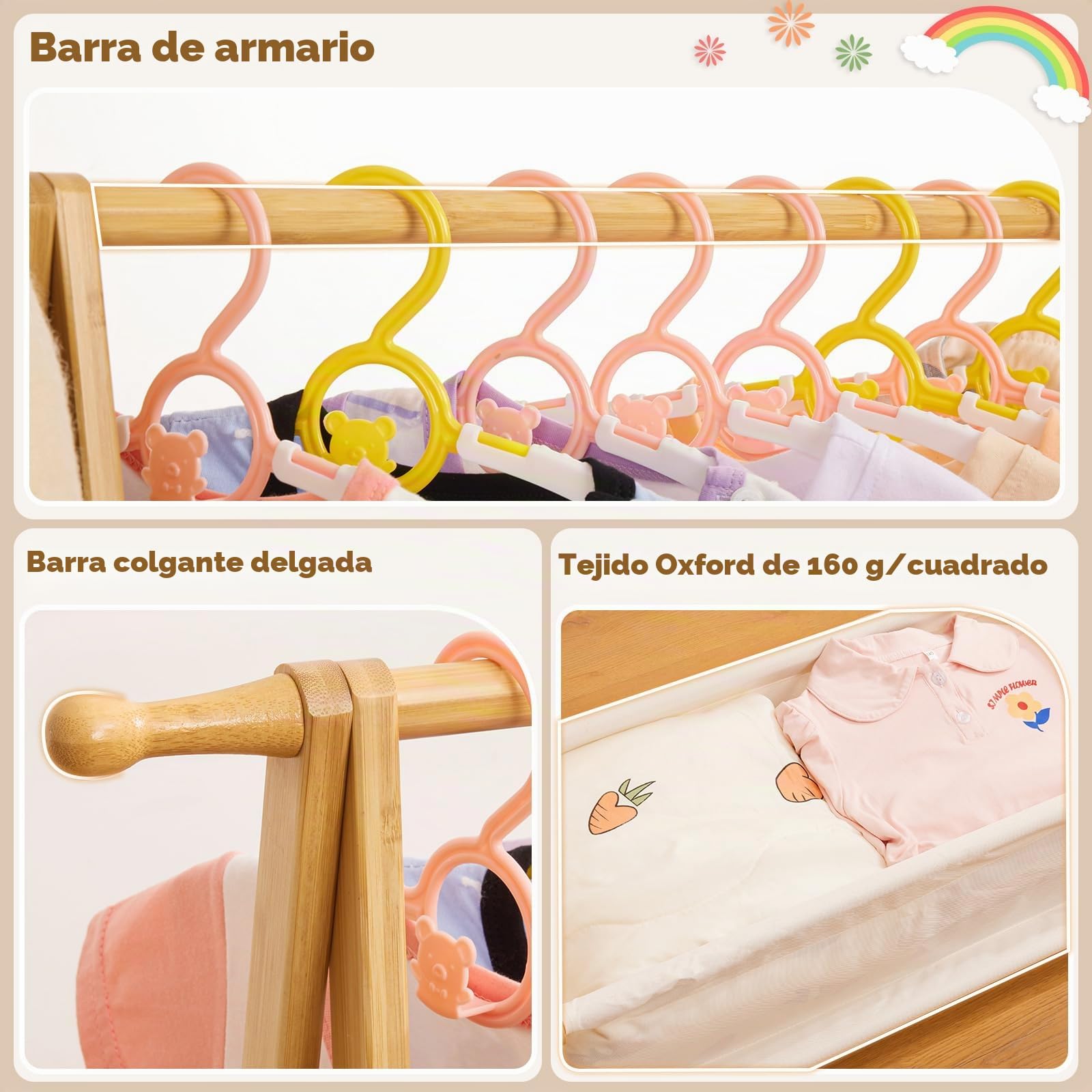 Yorbay Perchero para Ropa de Niños con Caja de Almacenaje, Perchero para Vestir, Perchero para Ropa de Niños con Varillas para Colgar, Pequeño y Plegable, Bambú
