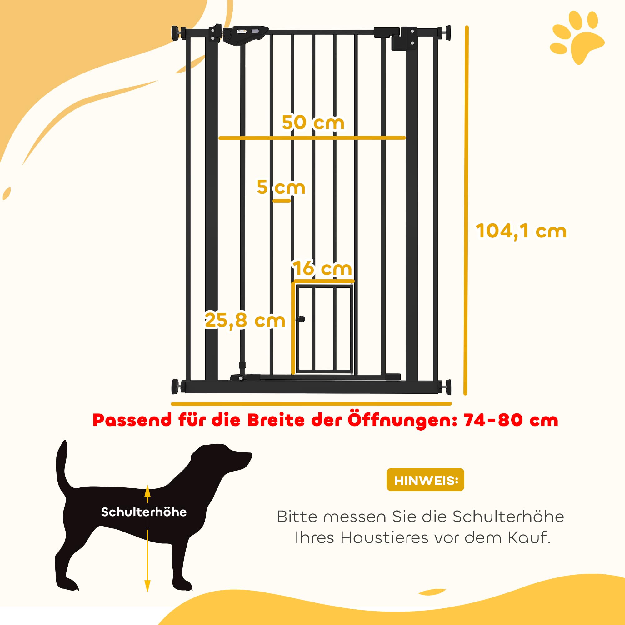 PawHut Protector de Puerta para Perros, Protector de Escalera, 74-80 cm Protector de Puerta para Perros, Protector de Escalera, Puerta de Seguridad, Cierre automático, Acero, Negro