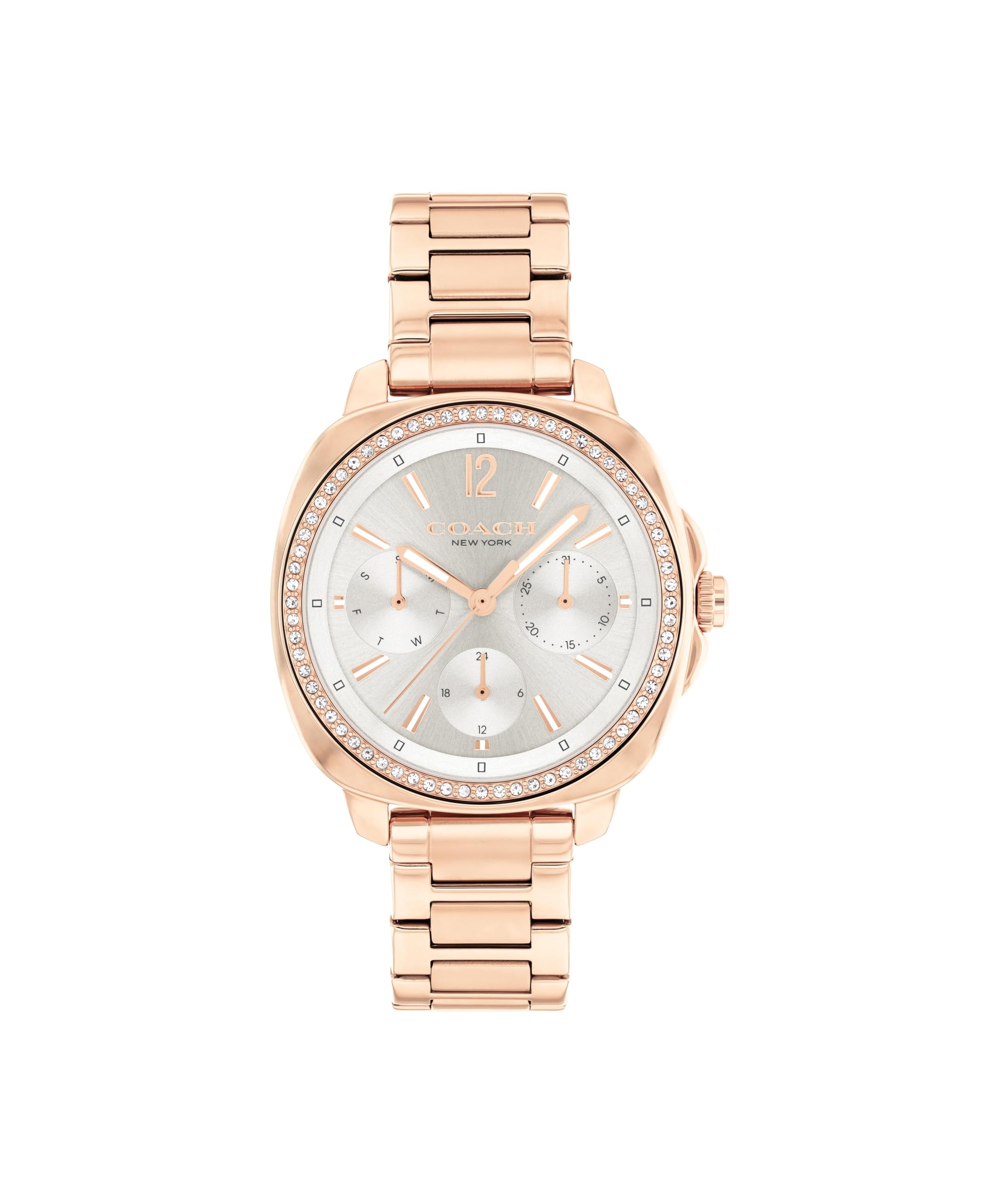 Coach Kitt Women's Quartz Multifunction Watch, Stainless Steel Bracelet, Water-Resistant to 3ATM, Chic and Versatile Timepiece - Gift for Her, 34mm Rose Gold - Silver