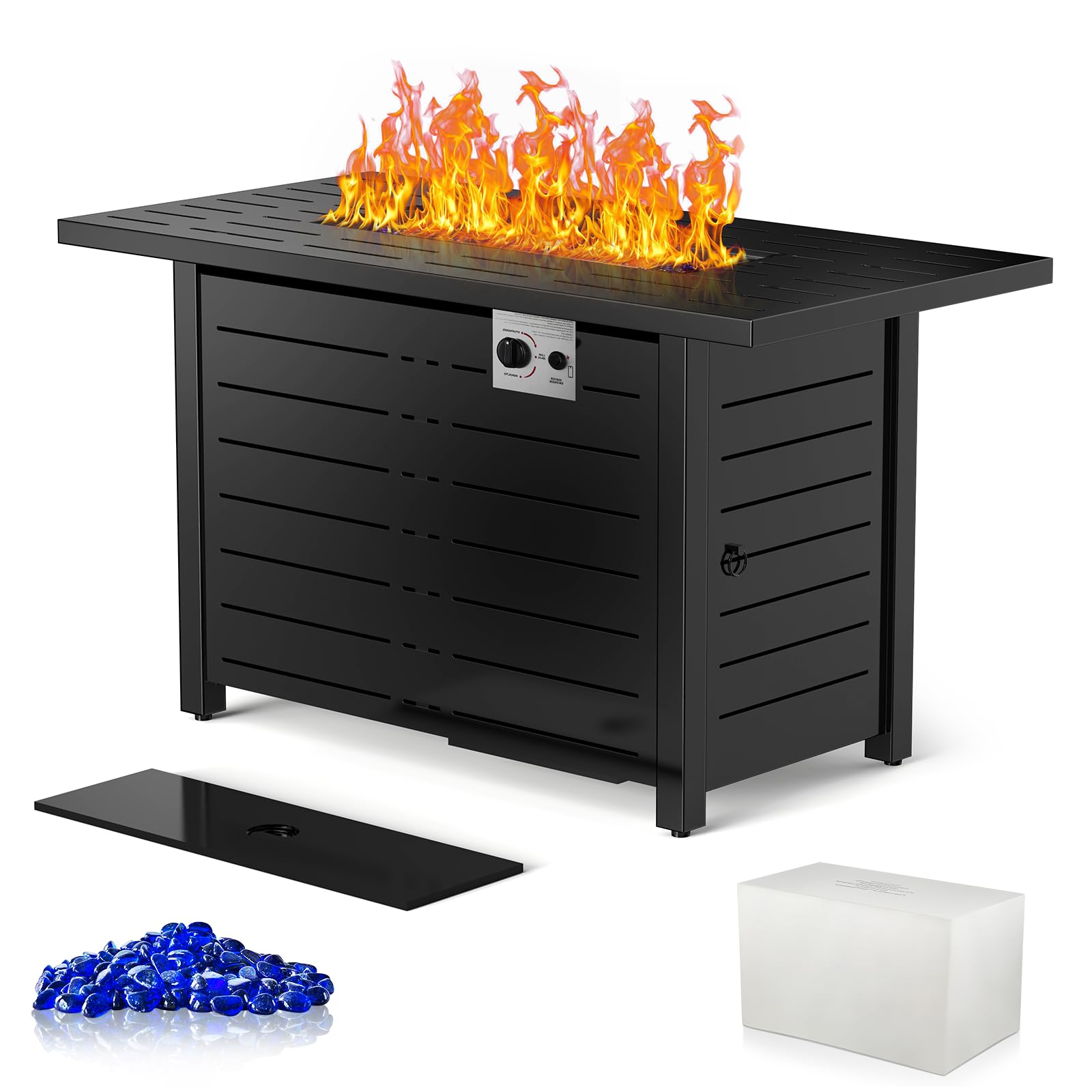 Xbeauty Fire Pit Propane Gas FirePit Table 43" Outdoor Fire Pit Rectangular Tabletop with Lid, Rain Cover, for Outside Garden Backyard Deck Patio