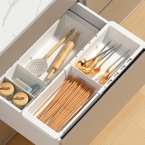 EooUooIP Sliding Drawer Tray with Adjustable Dividers, Expandable Kitchen Storage