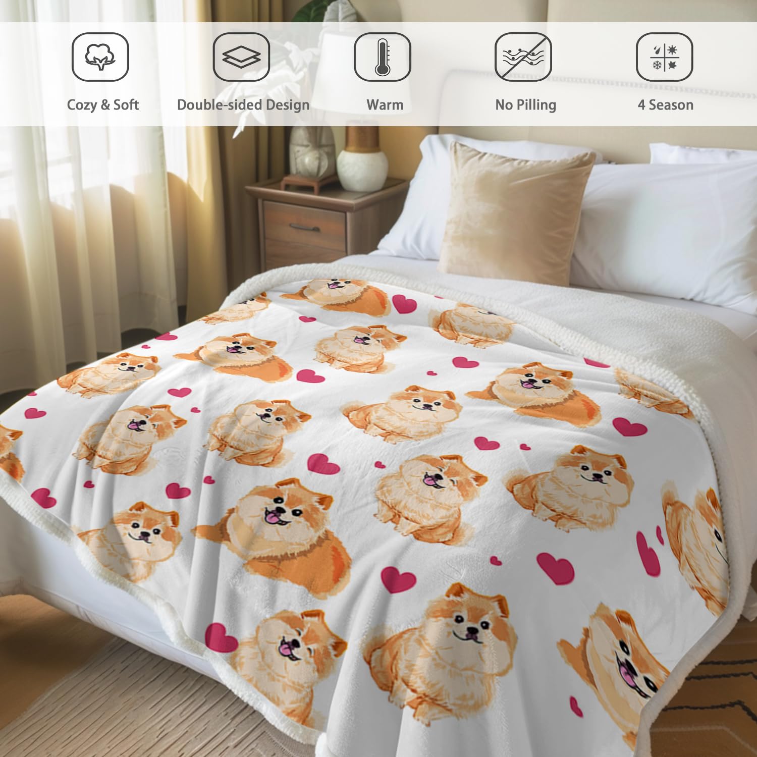 BlessLiving Red Hearts Dog Cat Print Plush Blanket Cute Puppy for Kids Adults 3D Animal Print Plush Blanket Gift for Pet Lovers (Pomeranian,Throw, 50 x 60 Inches)