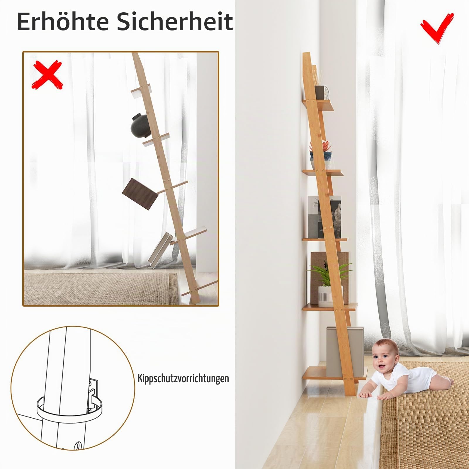 HOMASIS Leiterregal mit 5 Ebenen, Bücherregal aus Bambus, schmales Aufbewahrungsregal Standregal für Wohnzimmer, Schlafzimmer, Arbeitszimmer, 43 x 38,5 x 164 cm, Natur