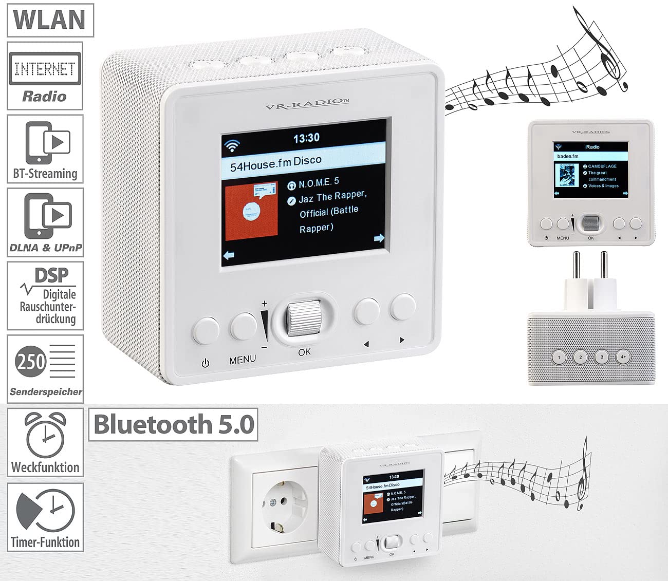 VR-Radio Steckdosenradio: Steckdosen-Internetradio mit WLAN und Bluetooth 5, DSP, 6 Watt (Steckdosenradio mit Fernbedienung, Internet, Bad)