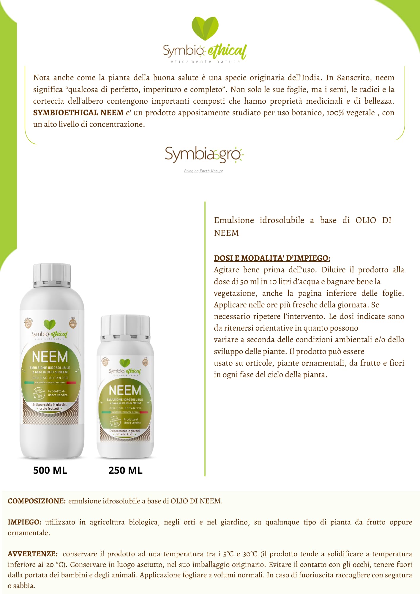 SYMBIOETHICAL - NEEM, Emulsión Hidrosoluble a Base de Aceite de Neem para Plantas, Concentrado de Uso Botánico, 100% Vegetal, Made in Italy, 250 ml