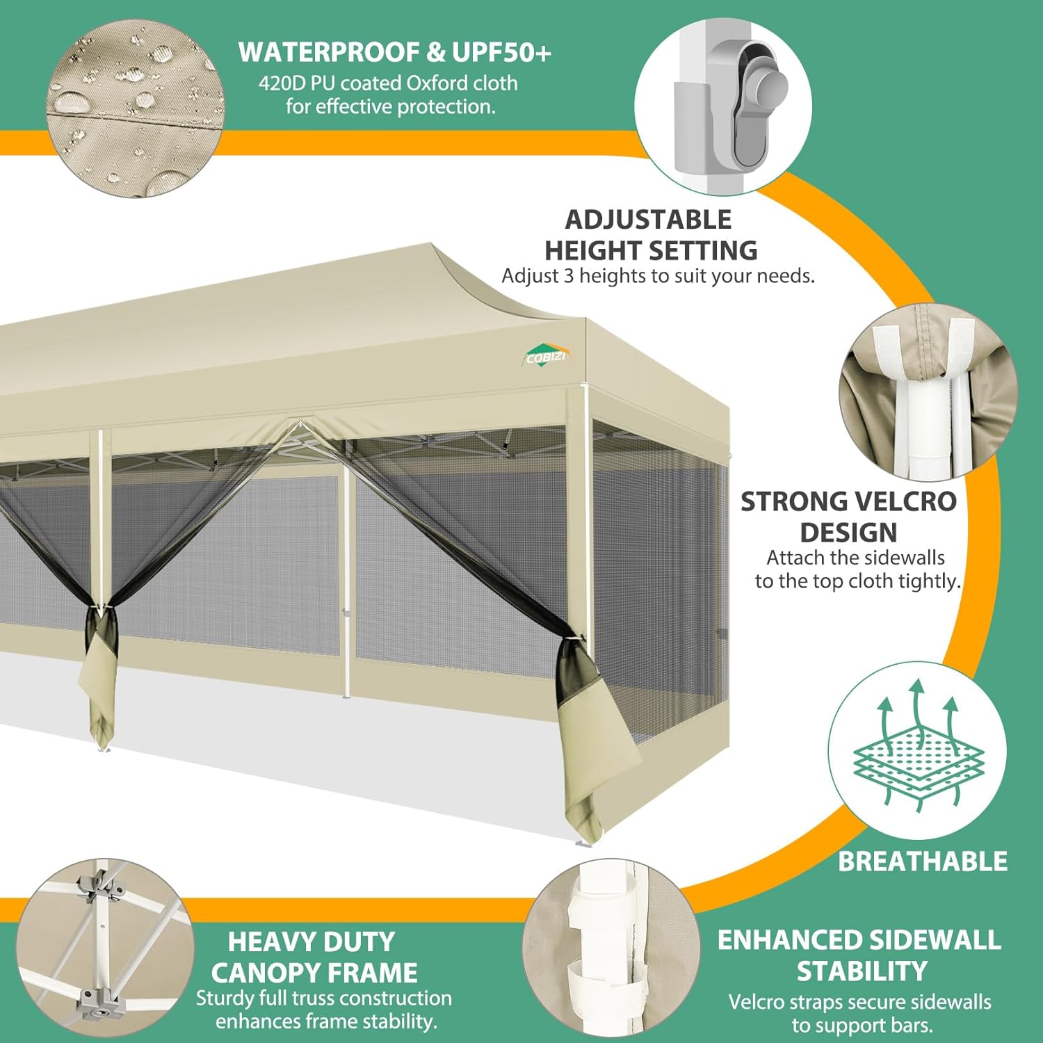 COBIZI 10x30 Pop up Canopy Tent with 8 Sidewalls,Heavy Duty Pop up Canopy with Mosquito Netting,Easy up Screen Tent for Parties Wedding Outdoor Patio with Roller Bag,Sandbag,Khaki