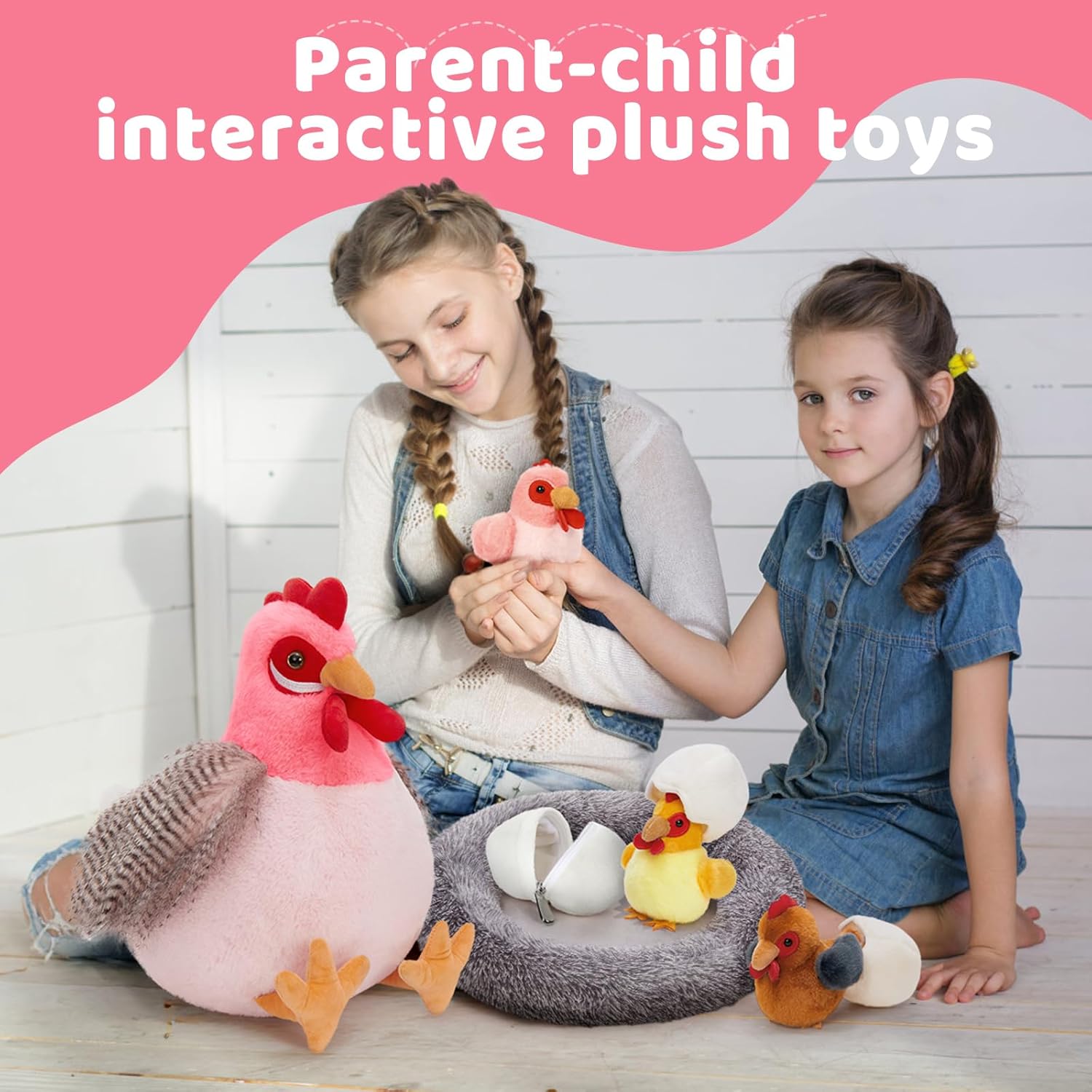 MaoGoLan 8Pcs Chicken Stuffed Animals, Stuffed Laying Hen Chicken Plush Toys with 3 Babies Chickens and 3 Eggs,1 Nest House Plush Set, Cute and Soft Farm Stuffed Animals Gift for Kids,Girls,Boys,Pink