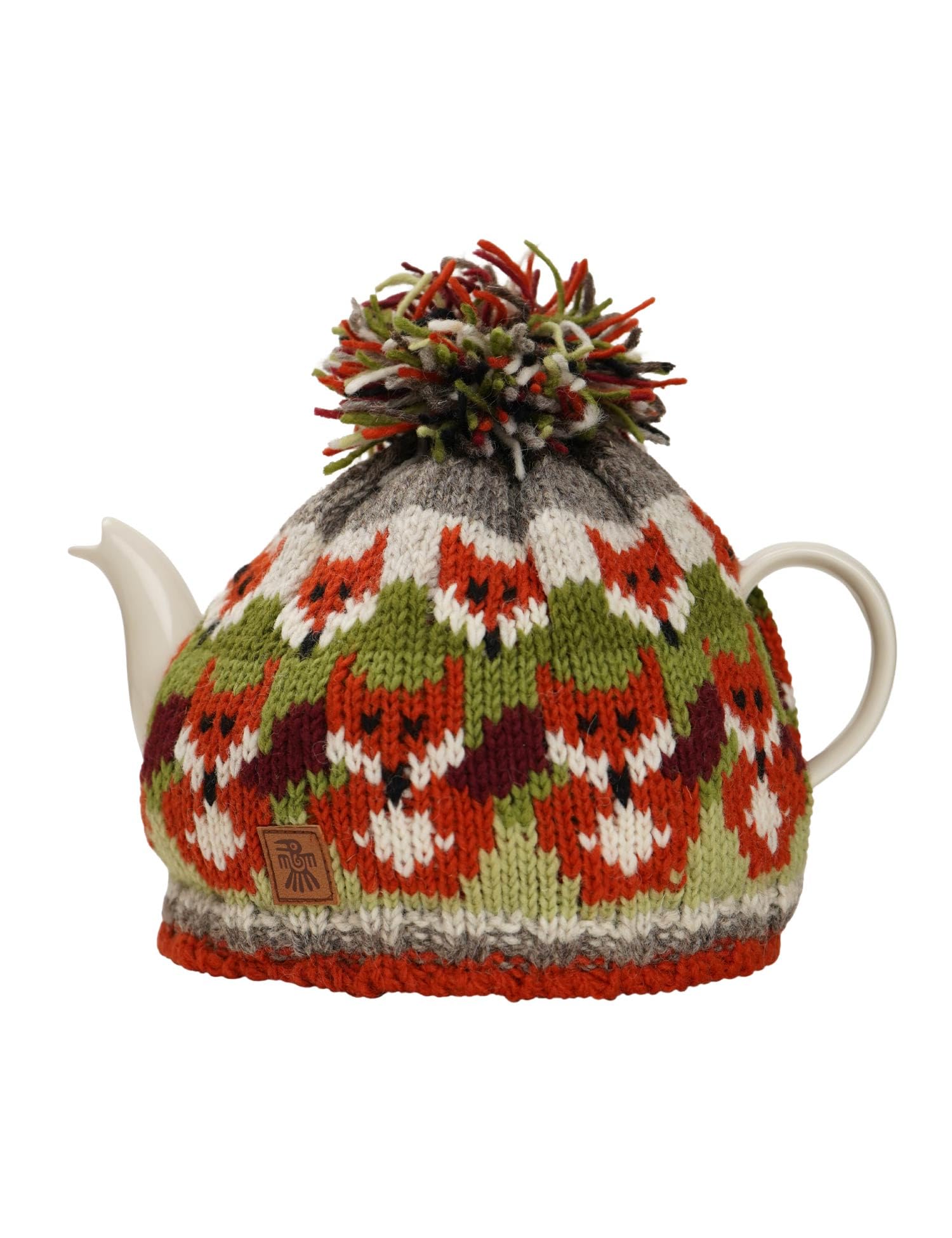 Pachamama Handknitted Medium 4-6 Cup 1.2L Wool Tea Cosy/Teapot Cover - Fox Pattern Insulated Handmade Fair Trade Multicoloured