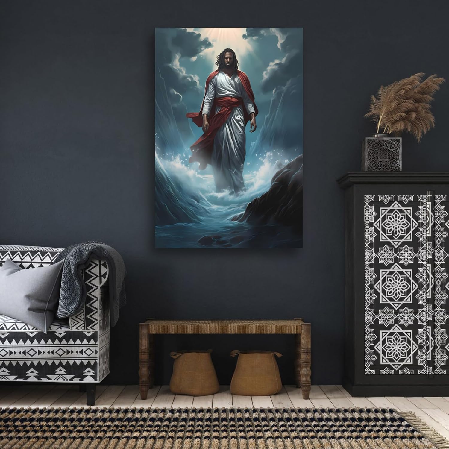 Black Jesus Walking On Water Framed Poster, Jesus Christ Wall Art, Christian Wall Art, Black Jesus Christ decor Art, For Living Room Bedroom Office (Framed,16×24 inch)