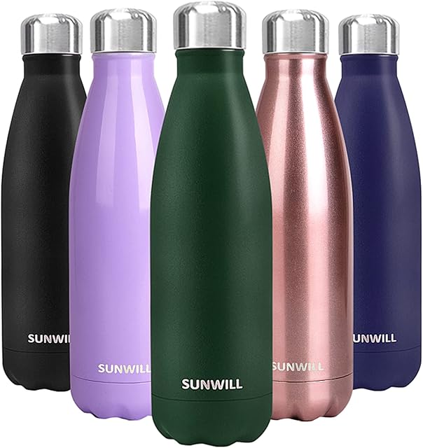 SUNWILL Water Bottle, Insulated Stainless Steel Sports Bottle 500ml, Reusable Vacuum Thermal Water Flask, Double Wall, For Hot and Cold Drinks