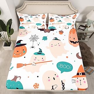 Erosebridal Halloween Decorations,Kawaii BedÂ Sheets Full,Cartoon Cute Ghost FittedÂ Sheet Black Bats Pumpkin BeddingÂ Set for Kids Child Boys Girls,Horror Festival Witch Hat Cat Spiderwebs
