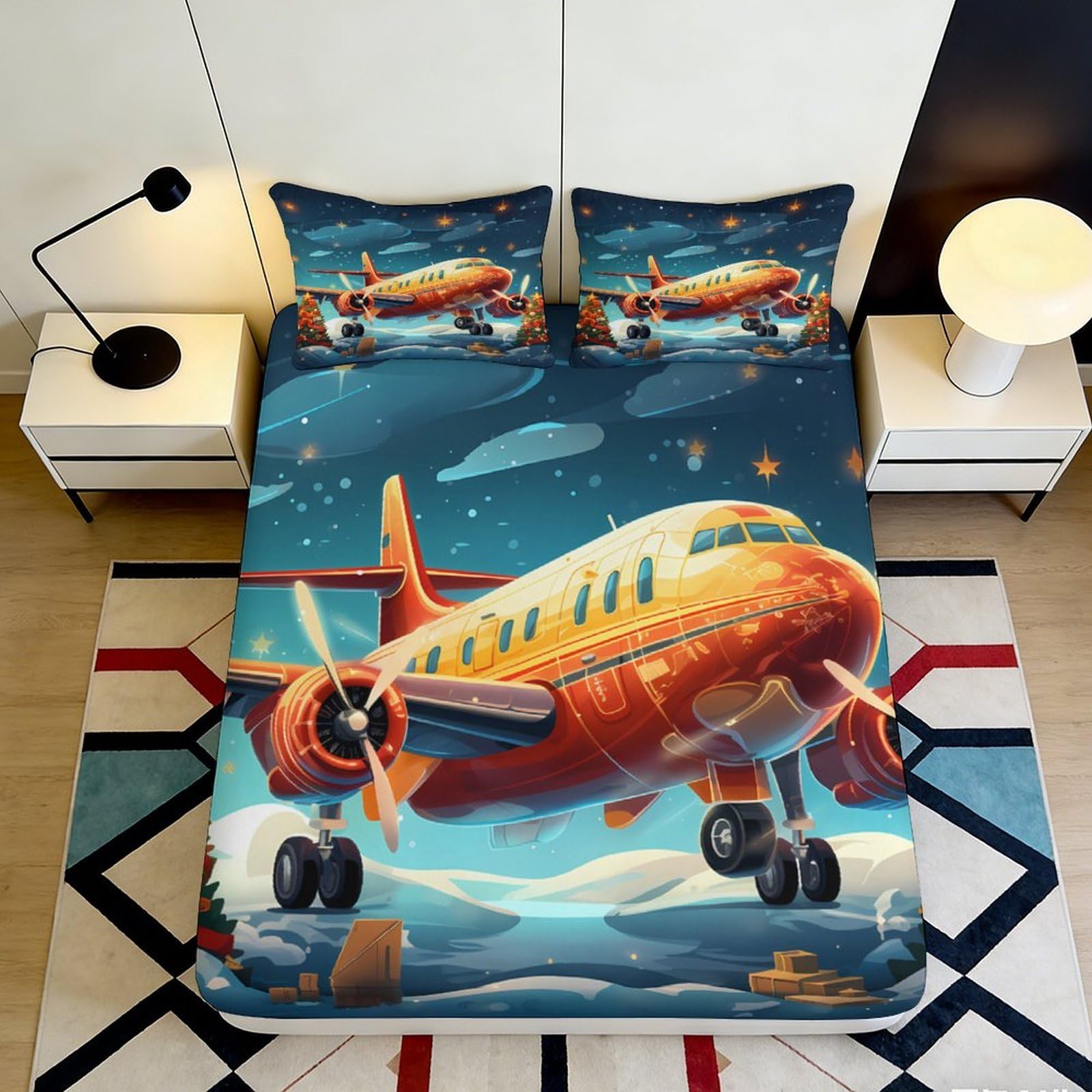 3D Printed Orange Airplane Fitted Sheet Microfiber Soft Non-Slip Cartoon Clouds Mattress Cover for Bedroom Dorm 180x200x25cm