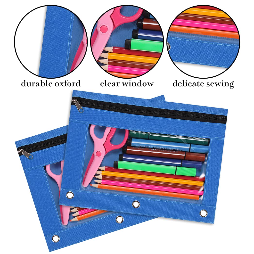 YoeeJob Bolsas para carpetas con 3 anillas, estuche para lápices con ventana transparente, bolsa de papelería con cremallera para oficina de clase escolar, paquete de 24, azul