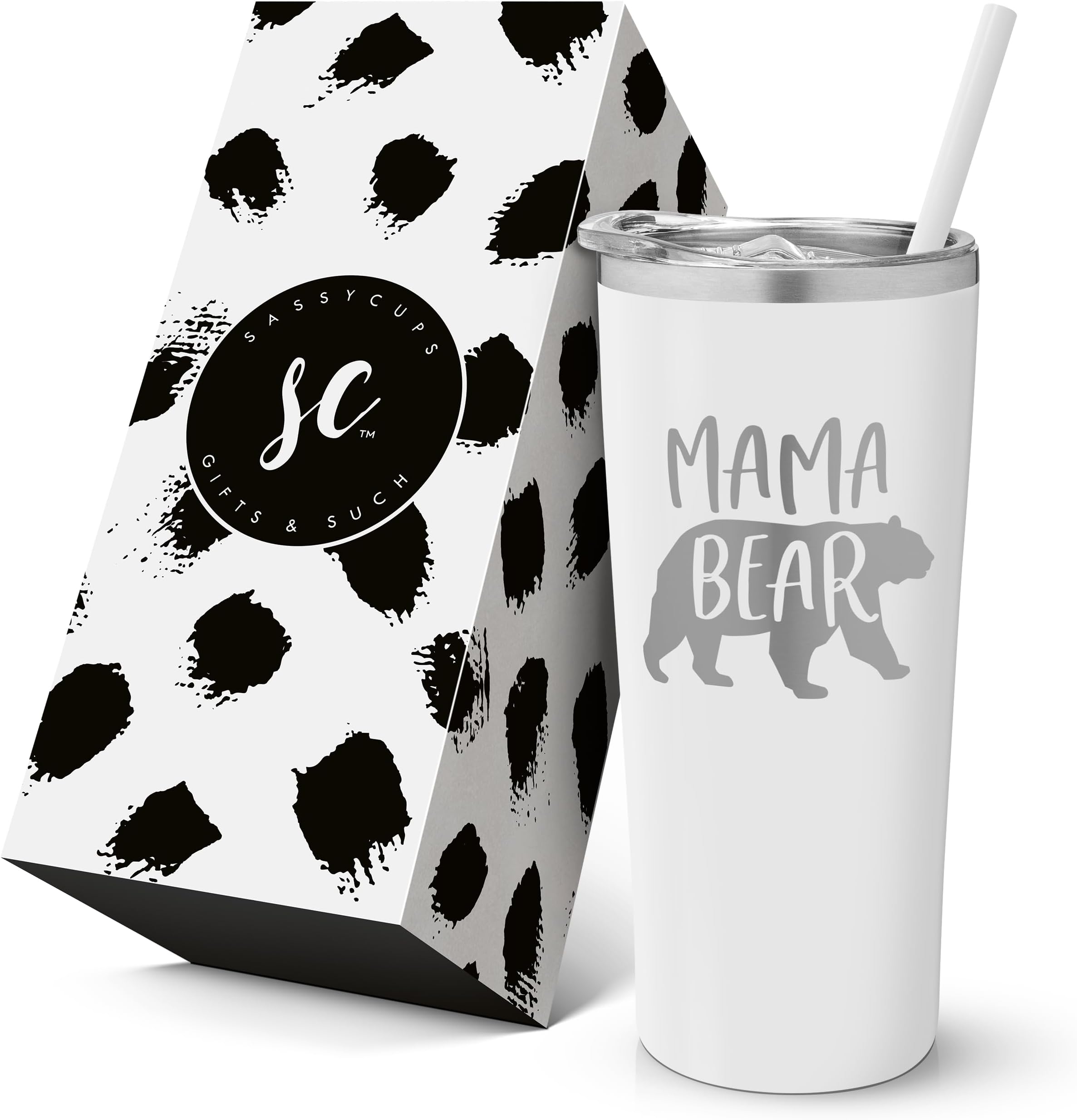 SassyCups Mama Bear Mug | Vacuum Insulated Stainless Steel Engraved Mama Tumbler with Straw | Mama Birthday Cup | New Mom | Mama to Be | Mom Again (22 oz, White)