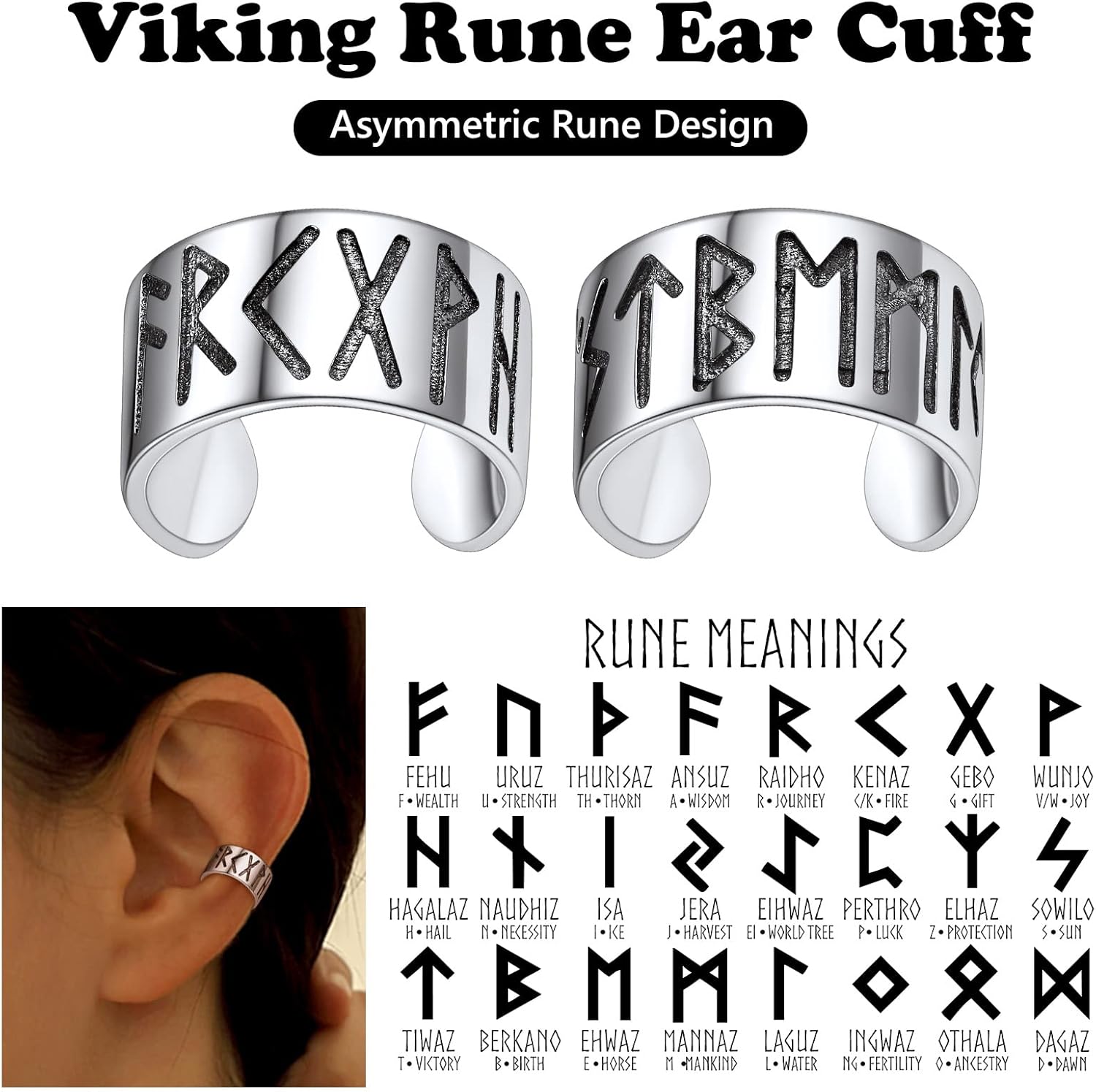 Cuff Earrings for Women Sterling Silver Norse Viking Rune Jewelry Tiny Adjustable Ear Cuffs for Male