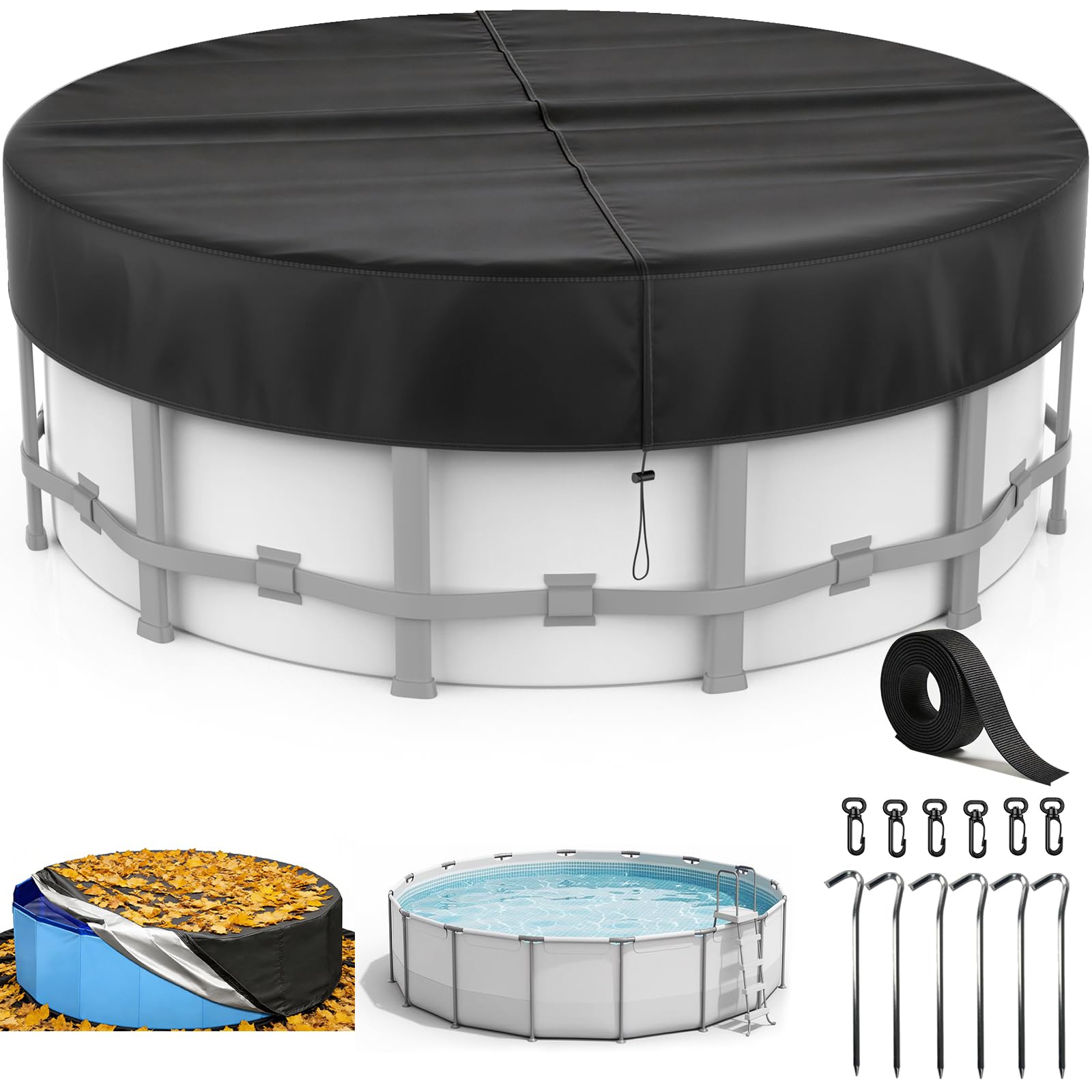 Cubierta para Piscina Redonda Ø365, para Piscinas Ø320-363 cm, Lona para Piscina con Cordón y Estacas, Oxford Lona Piscina con Protección UV, Hermética al Polvo, para Piscinas Elevadas y Trampolines
