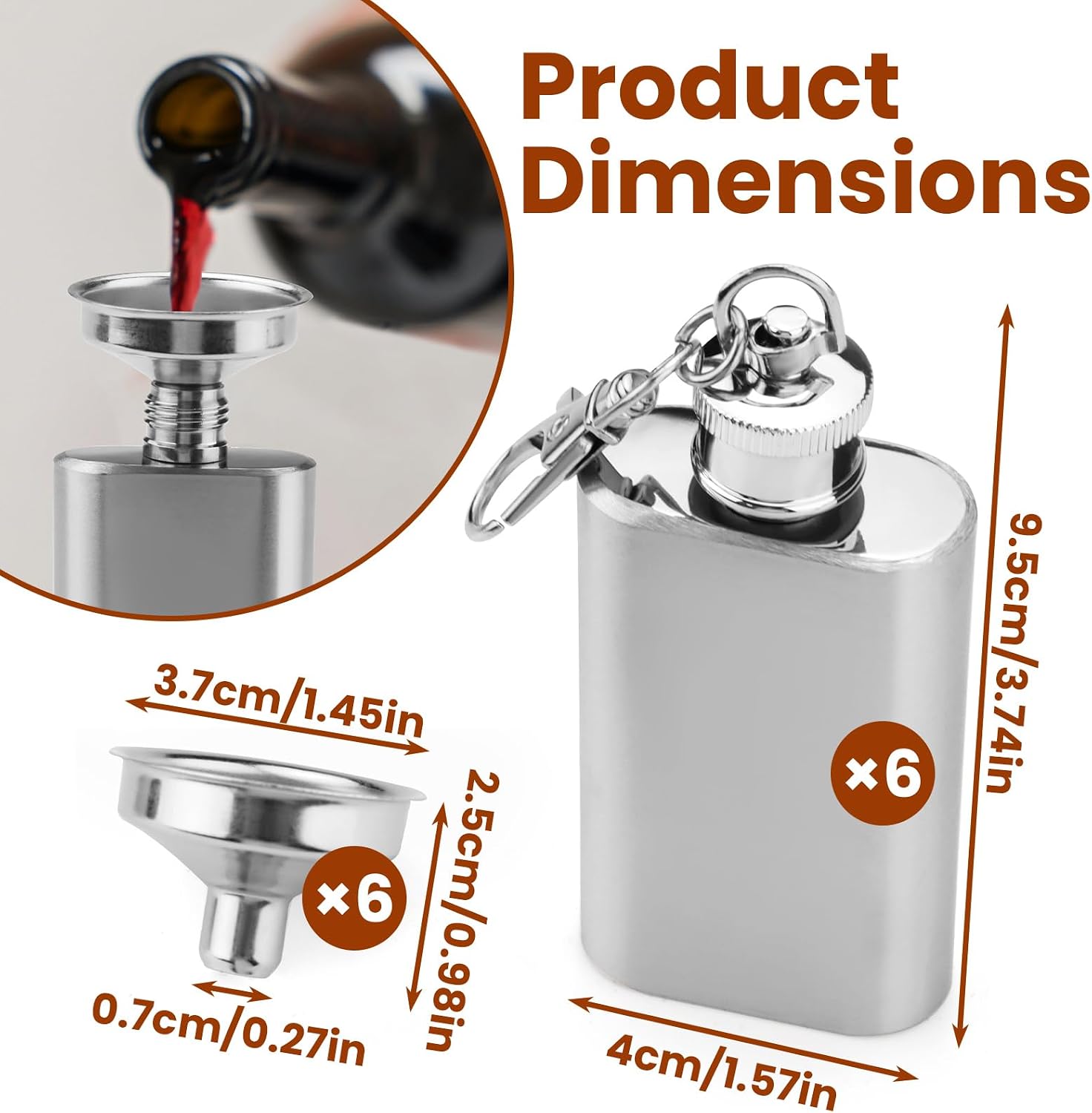 6 Pieces 2oz/50 ML Stainless Steel Mini Flask Keychain, Leak-proof Thin Pocket Whiskey Flask, Portable Small Hidden Wine Bottle for Men Women Wedding Party Gift Outdoor Activities (6 Pieces)