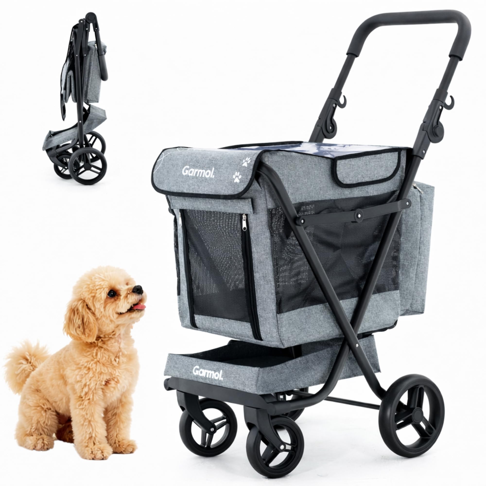 GARMOL Jumbo Pet Carrito para Mascotas Plegable 66L hasta 8kg | 4 Ruedas con 2 Giratorias, Capota Transparente Impermeable, Bolsa 9L y Bandeja 6L | Carro para Perros Pequeños y Medianos (Gris)