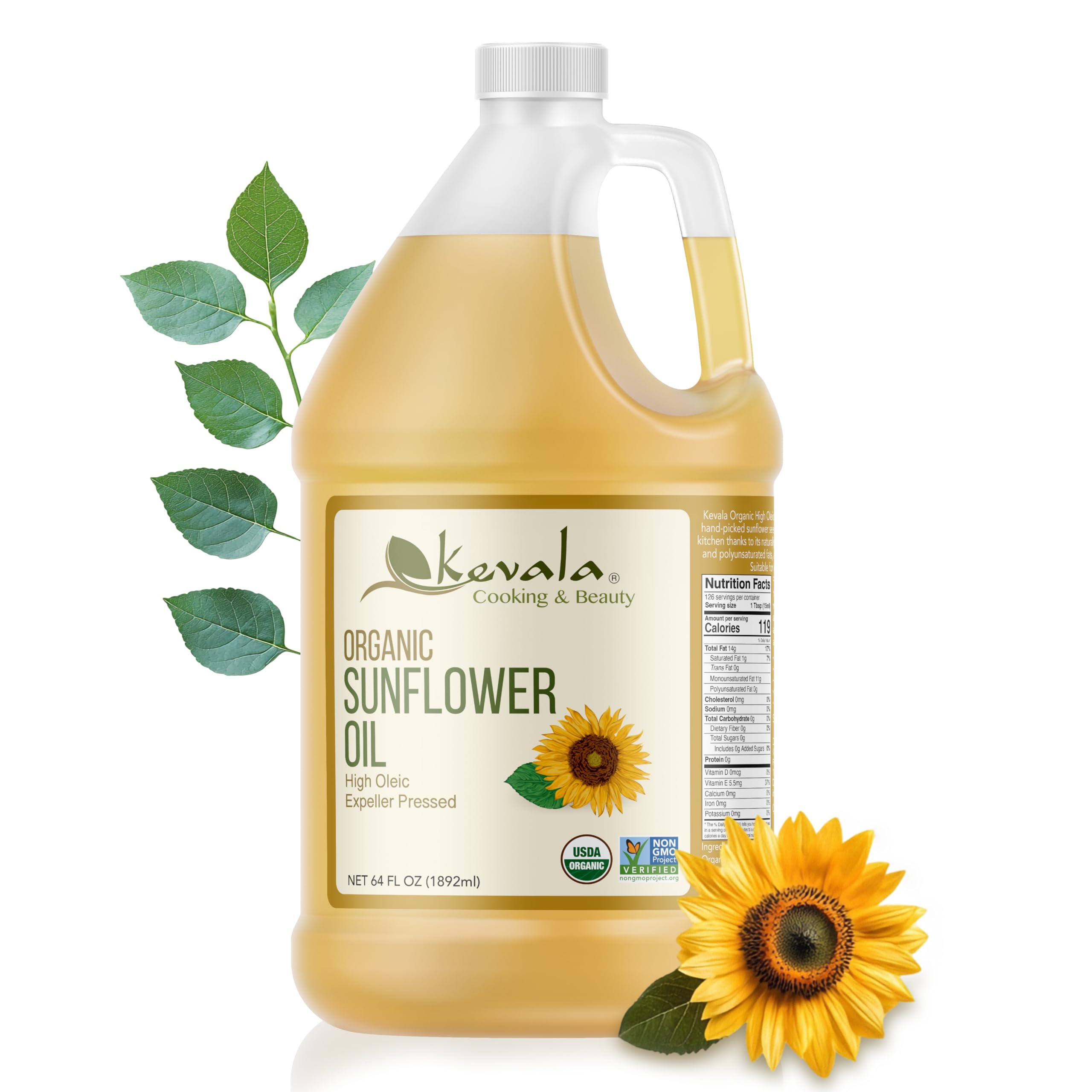Organic Sunflower Oil - Oil for Cooking and Baking Processed in a Facility Free of Tree Nuts and Peanuts, Good Carrier for Essential Oils, Kitchen Pantry Staple for your Home, 64 fl oz, 1/2 gal