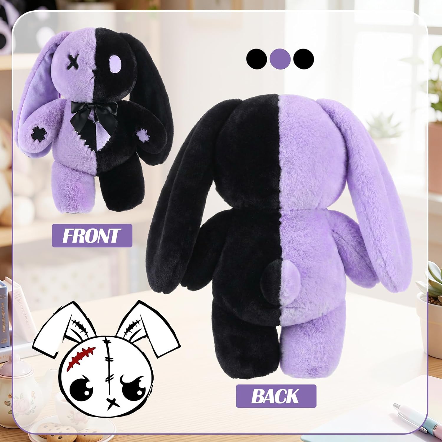 Sotiff Gothic Bunny Plush 12 Inch Gothic Bunny Gift, Black Purple Rabbit Animal, Creepy Doll Plush Rabbit with Embroidered, Goth Toy Gifts for Dark Cute Home Decor