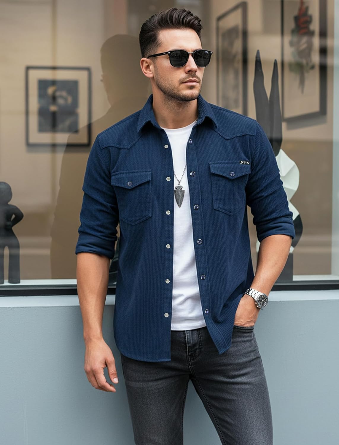 Men's Corduroy Snap Button Down Shirt Jacket Western Long Sleeve Shacket Lightweight Overshirt with Flap Pockets