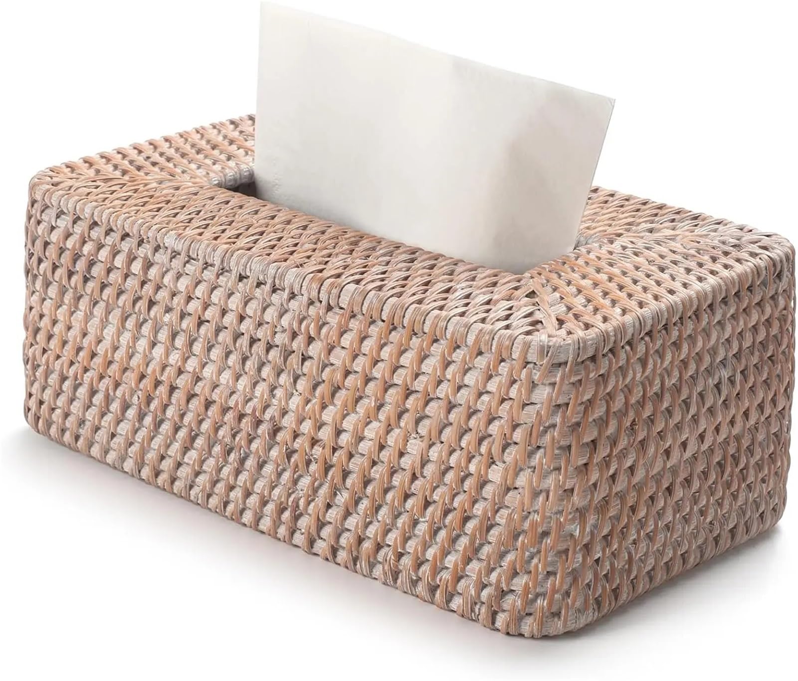 Rattan Tissue Box Cover Rectangle Wicker Holder For Living Room, Bathroom, Kitchen, Bedroom For Living Room,Dining Table(White)