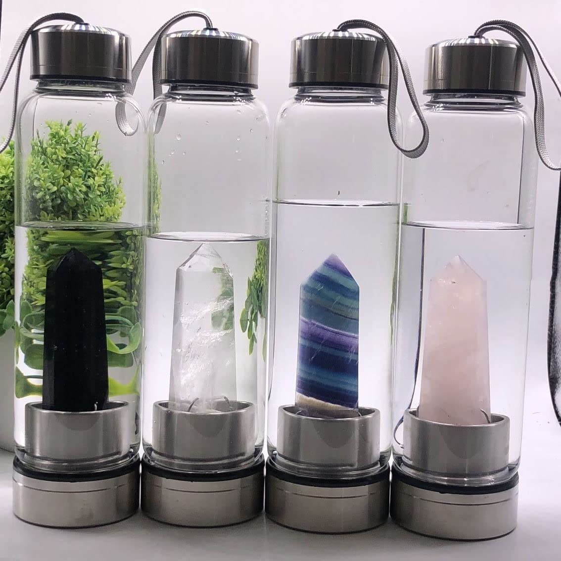 Botella De Agua De Cristal Natural Con Centro De Piedras Preciosas Decorado Punto Reiki Curación Elixir Cristal De Cuarzo Obelisco Varita Botella De Agua Con Infusión De Gemas De Cristal De Cuarzo ( C