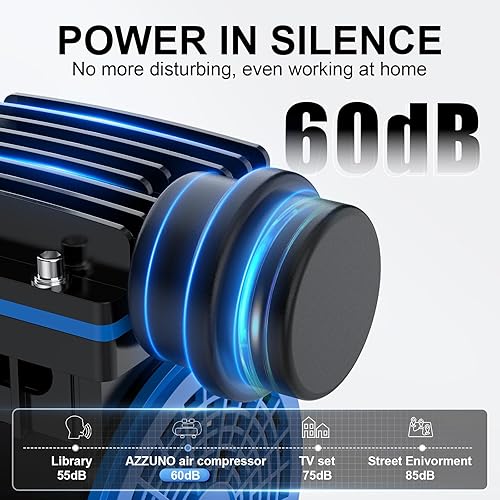 Vista 6 de AZZUNO Compresor de aire de 2 galones, tanque de compresor de aire sin aceite de 1.6CFM a 90PSI y presión máxima de 116 PSI, compresor ultra