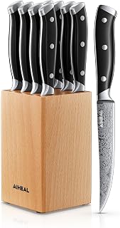 Steak Knives Set of 8, 4.5 Inch Non Serrated Steak Knife Set with Beech Block, Stainless Steel Steak Knives, Full Tang Handle Design for Kitchen Dinner