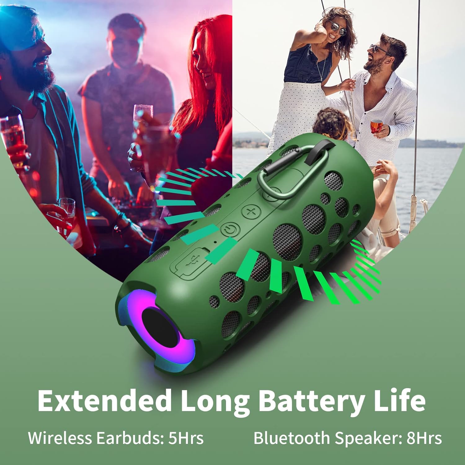 Image showing KINGSTAR K045 speaker and earbuds with battery life indicators