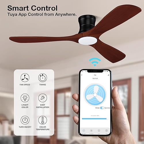 Miniatura 7 de Ventiladores de techo inteligentes de madera de 52 pulgadas con control remoto y luces, motor de CC silencioso, ventilador de perfil bajo,