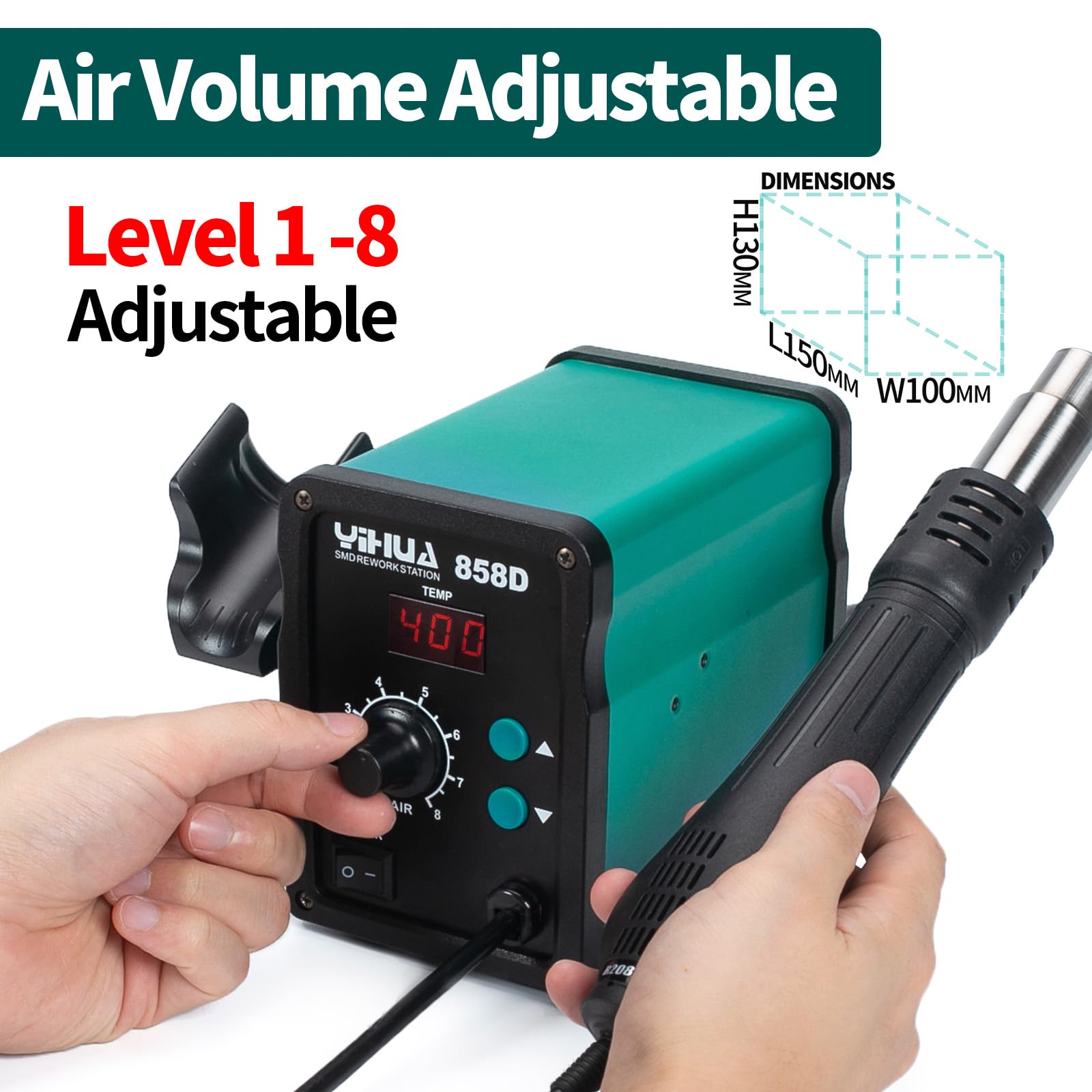 YIHUA 858D station de soudage à air chaud 700W pour soudure et dessoudage SMD avec contrôle de température PID, fonction de démarrage/arrêt auto, température et volume d'air réglable（EU plug）